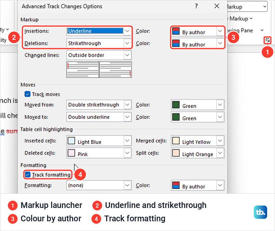 Word Advanced Track Changes Options dialog with insertion, deletion, colour and track formatting settings.