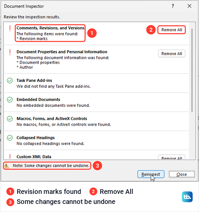 Word Document Inspector results listing revision marks under Comments, Revisions, and Versions with Remove All.