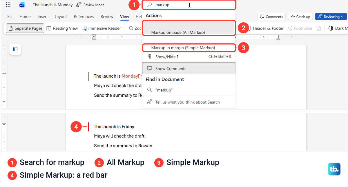 Word for the web search box listing All Markup and Simple Markup, then text in Simple Markup.