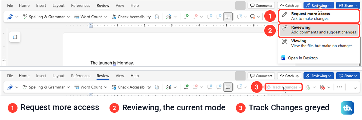Word for the web mode menu for a review-only recipient, with Request more access and a greyed Track Changes button.