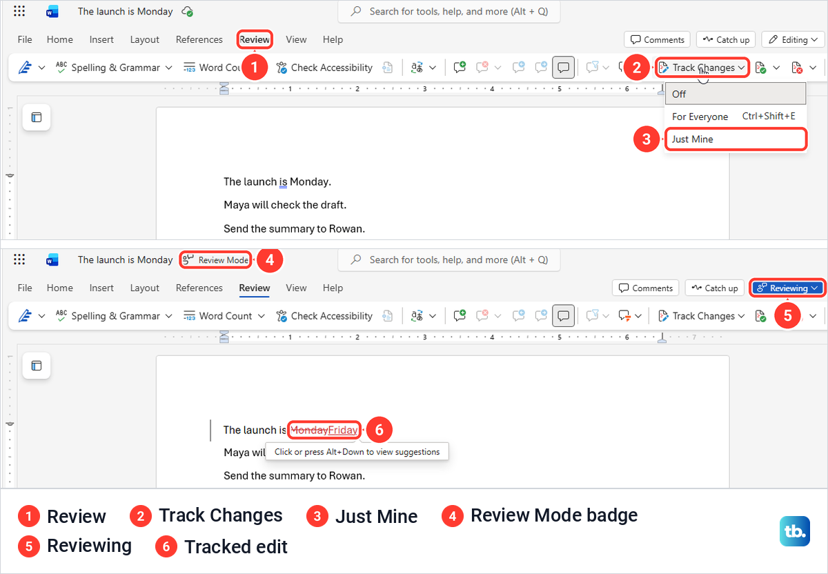 Word for the web Review tab with the Track Changes menu, then a tracked edit in Reviewing mode.