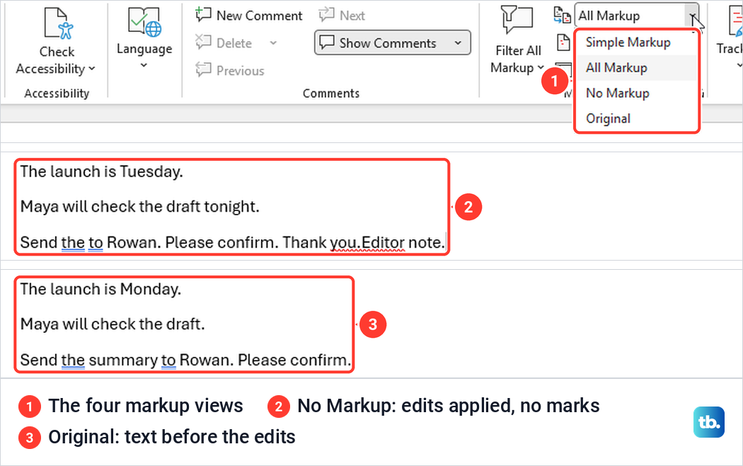Word's markup display menu with four views, and the same practice text shown in No Markup and Original.