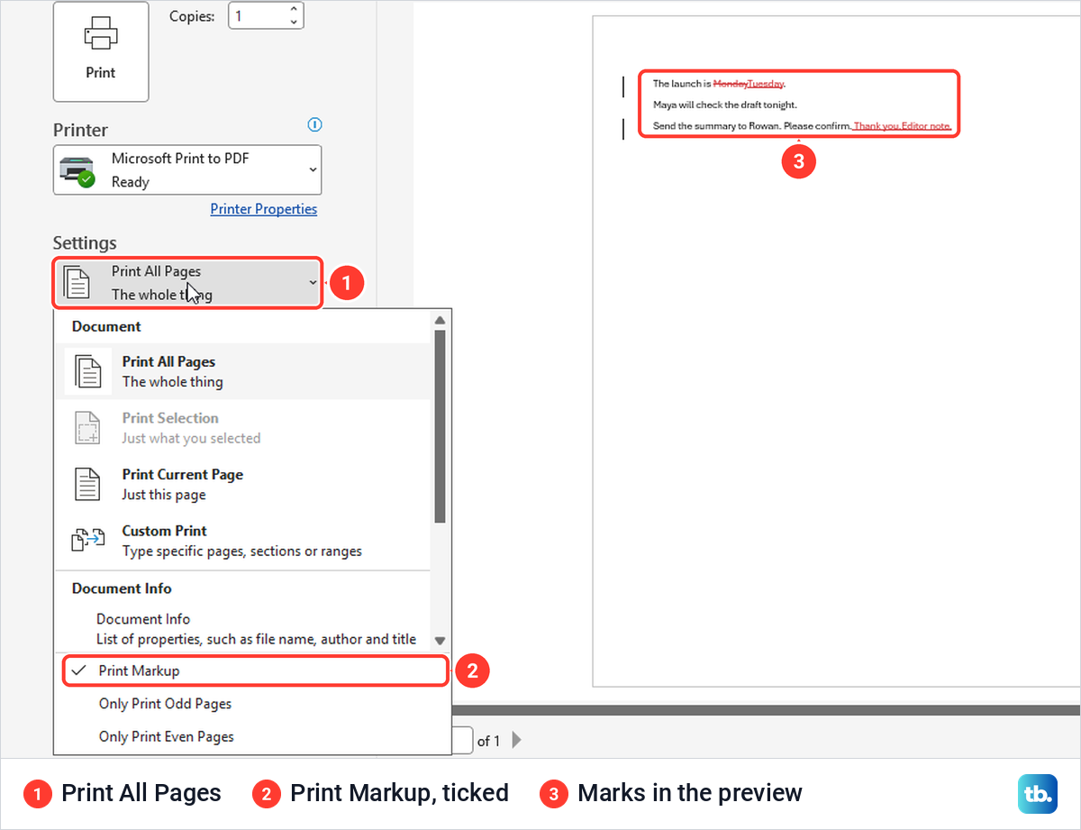 Word Print screen with the Print All Pages list open and Print Markup ticked beside a marked preview.