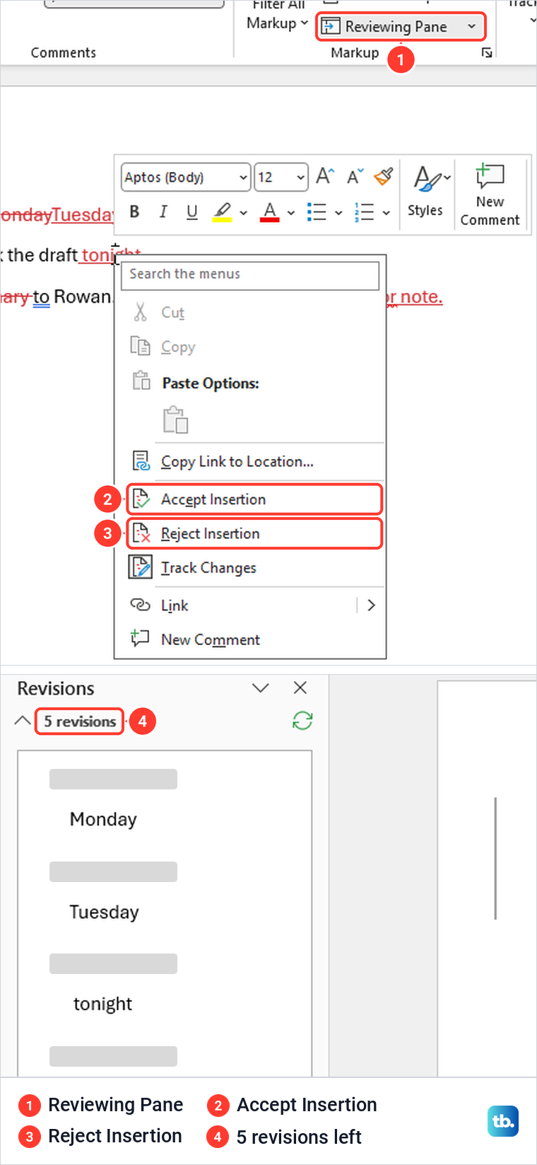 Word Revisions pane counting five revisions beside a right-click menu with Accept Insertion and Reject Insertion.