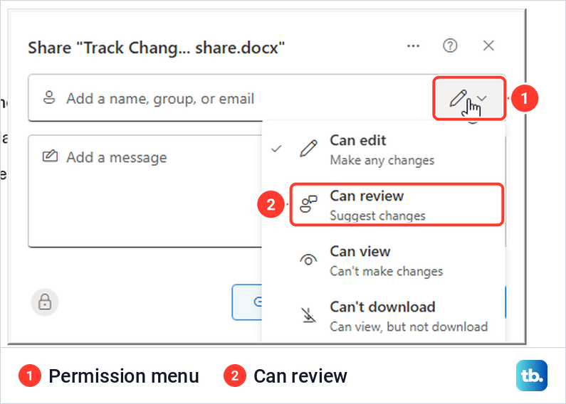 Word Share dialog with the permission menu open and Can review, Suggest changes highlighted.