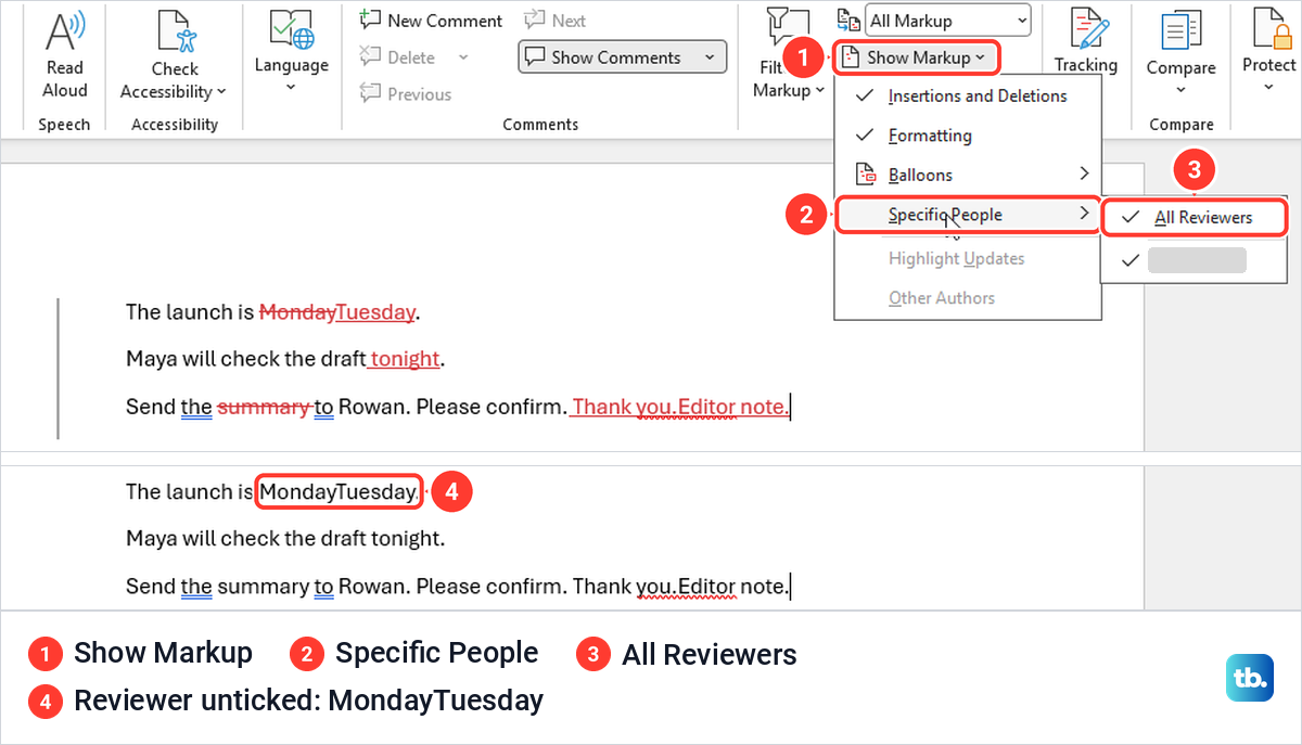 Word Show Markup menu with Specific People and All Reviewers, and the text after the reviewer was unticked.