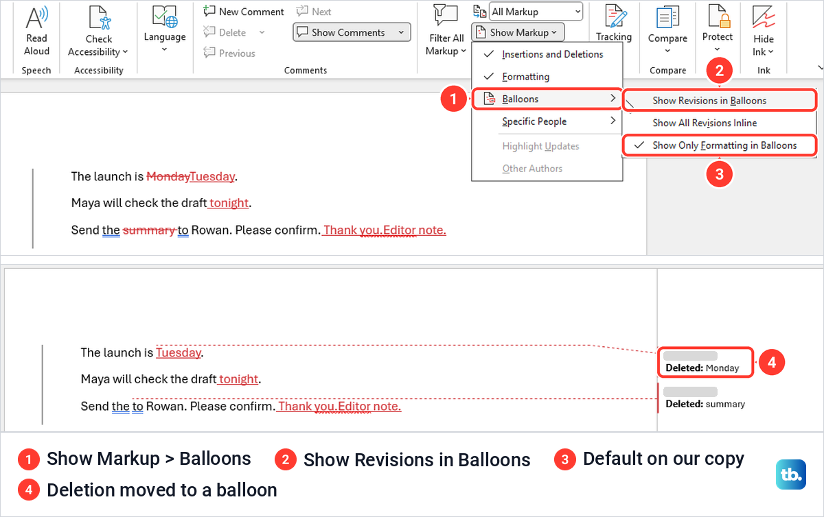 Word Balloons submenu in Print Layout, and deleted words shown in balloons in the right margin.