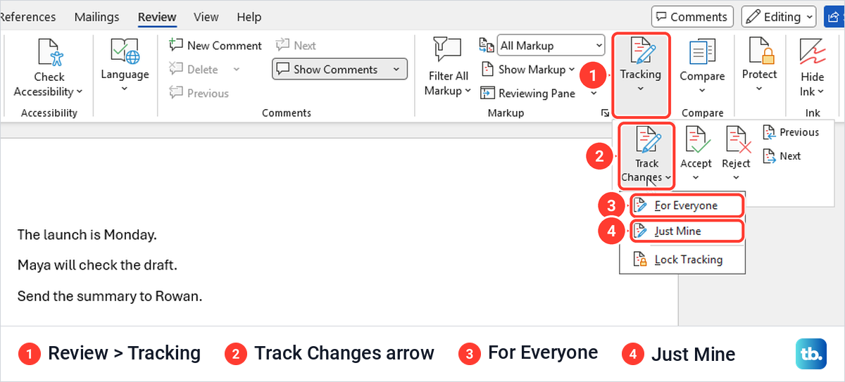 Word Review tab with the Tracking panel open and the Track Changes menu showing For Everyone and Just Mine.