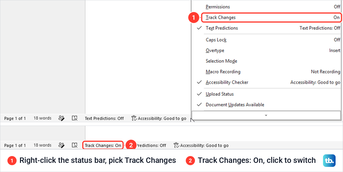 Word's Customize Status Bar menu with Track Changes On, and the Track Changes On item in the status bar.