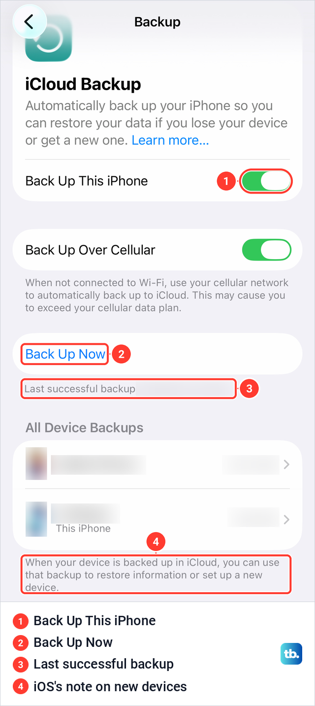 iPhone iCloud Backup page with Back Up This iPhone, Back Up Now and the last successful backup line.