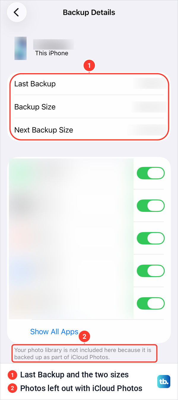 iPhone Backup Details page with Last Backup, Backup Size, Next Backup Size and the iCloud Photos note.