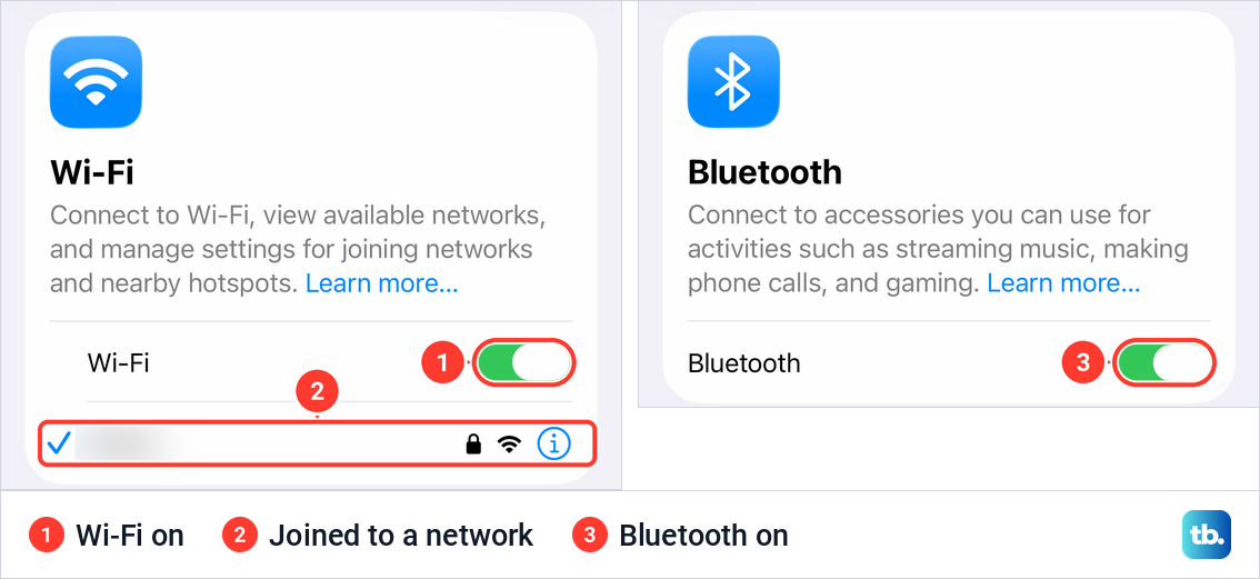iPhone Wi-Fi and Bluetooth settings with both switches on and the old iPhone joined to a network.