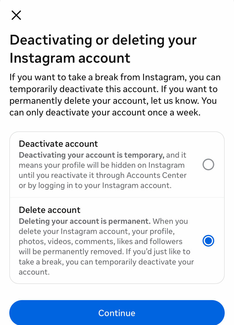 Instagram deactivate or delete screen with Delete account selected