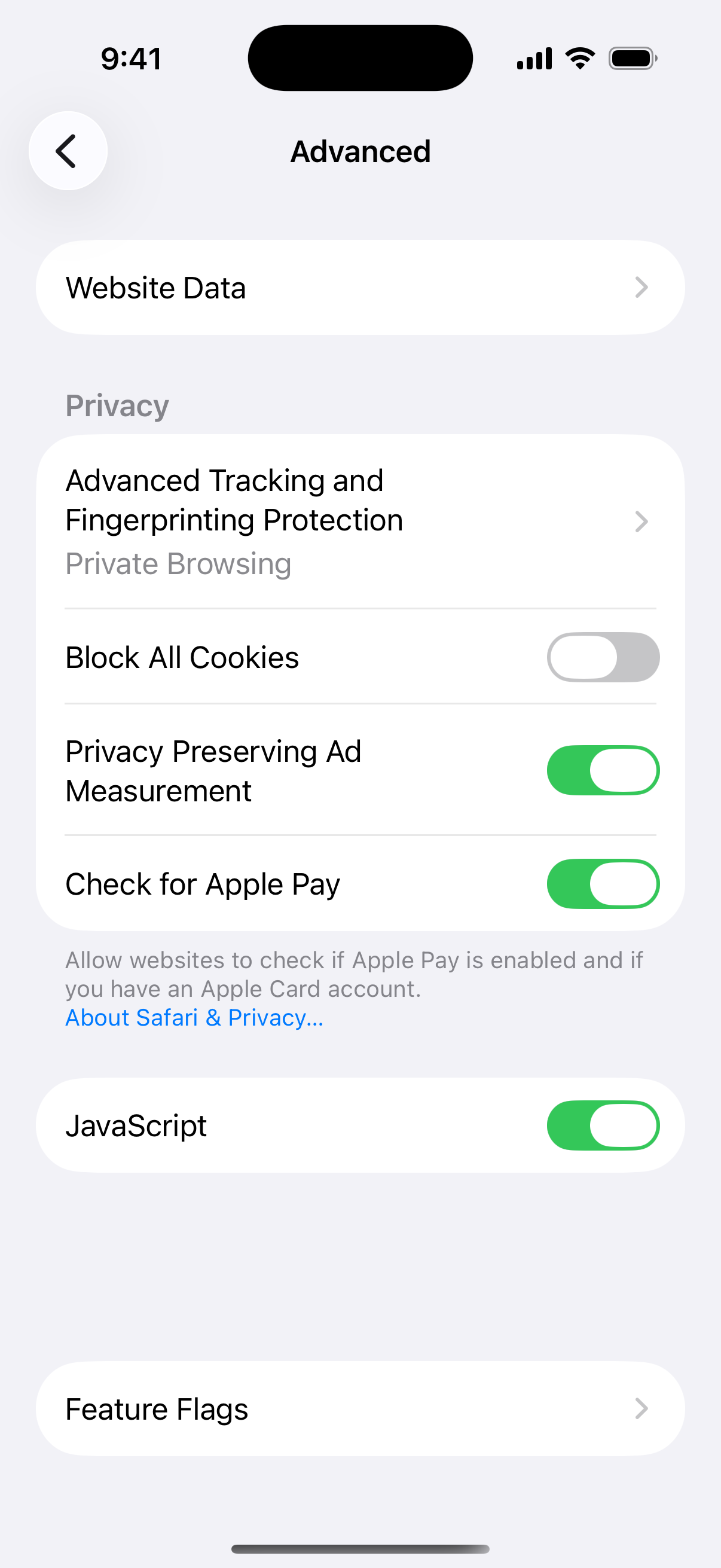 Safari Advanced settings with Website Data, Advanced Tracking and Fingerprinting Protection and Block All Cookies off