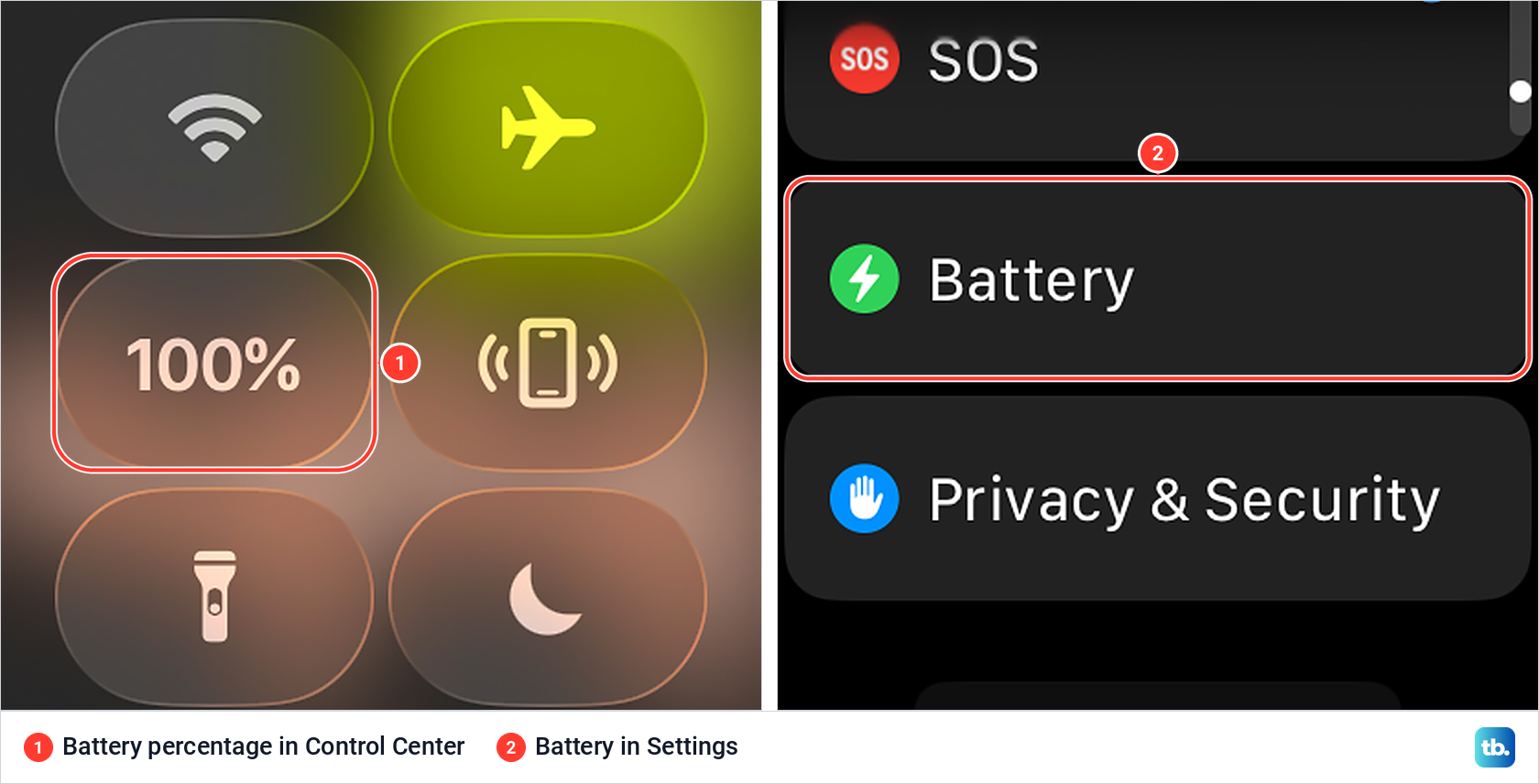 Apple Watch Control Center with the battery percentage button, and Battery in the Settings list.
