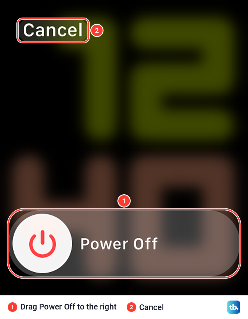 Apple Watch Power Off slider with a red power symbol on its knob and Cancel at the top left.