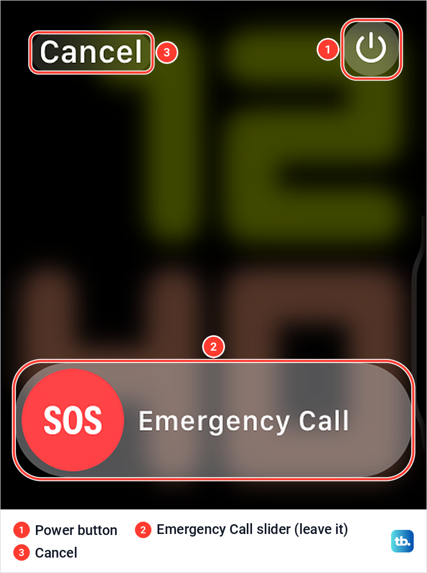Apple Watch power screen with Cancel, the power button in the top right and the Emergency Call slider.