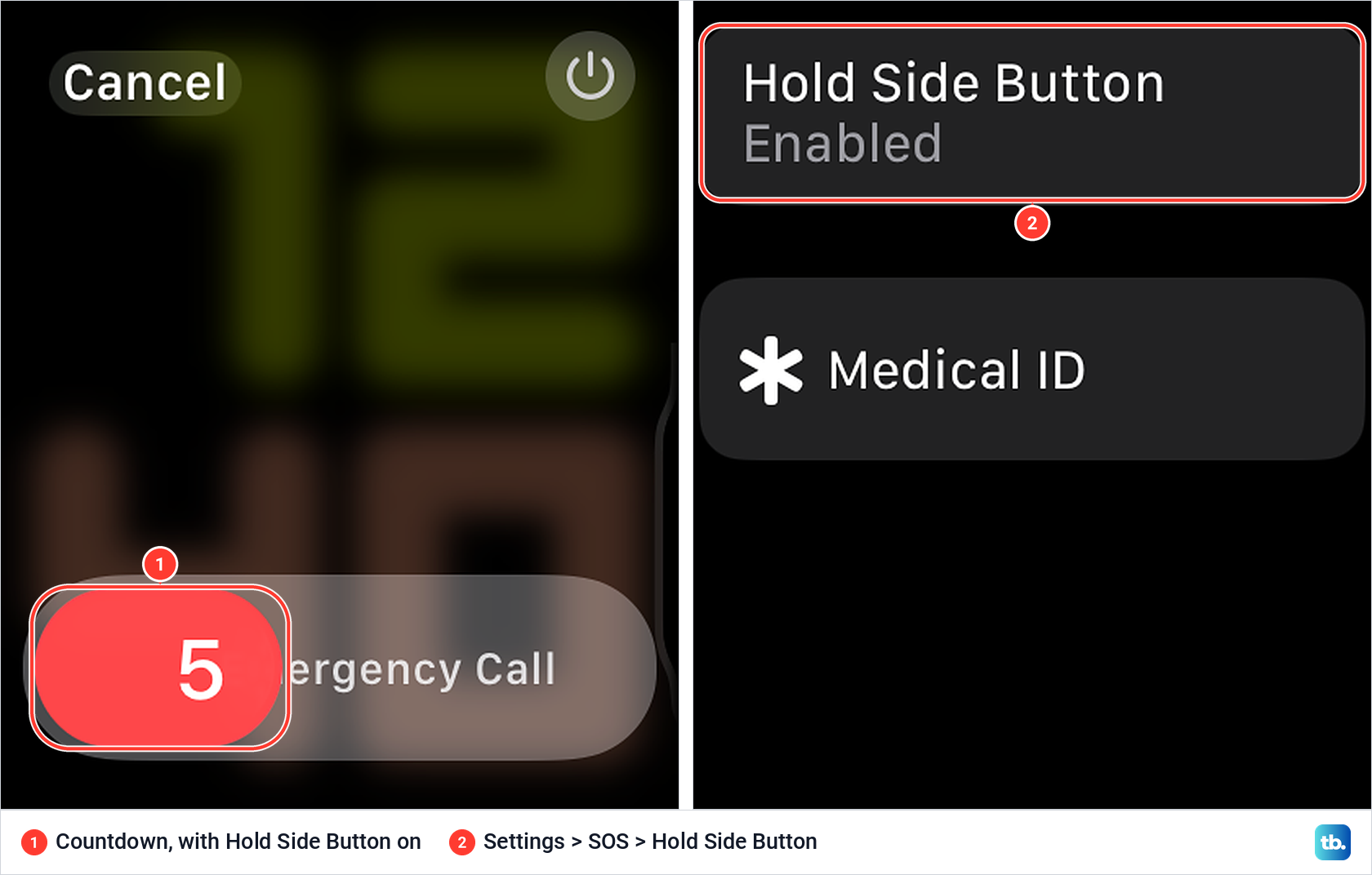 Apple Watch Emergency SOS countdown showing 5, next to the SOS settings page with Hold Side Button enabled.