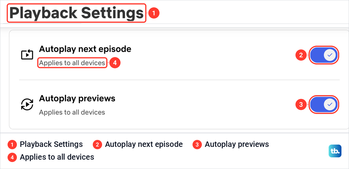Netflix Playback Settings page with the Autoplay next episode and Autoplay previews switches, both turned on.