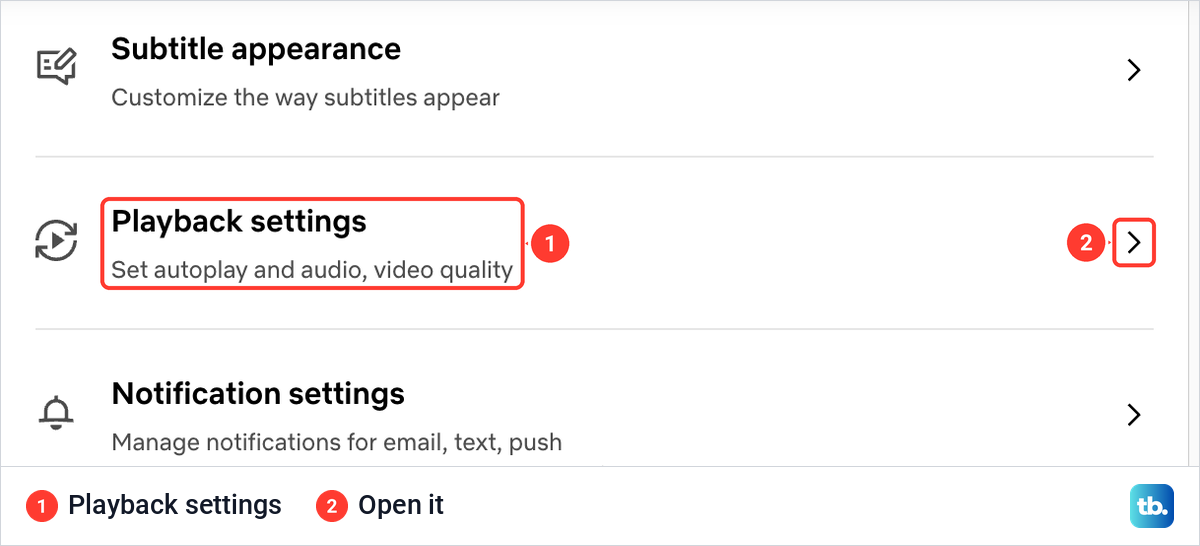 Netflix profile preferences list with the Playback settings row between Subtitle appearance and Notification settings.