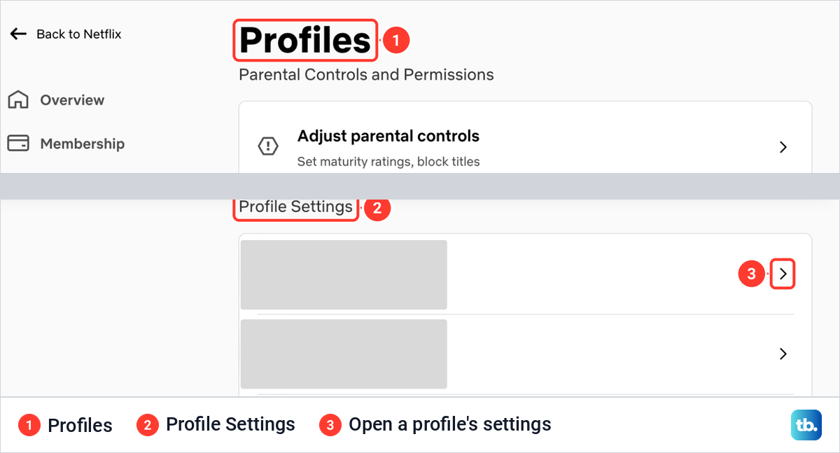 Netflix Account Profiles page with the Profile Settings card listing profiles, each with an arrow.