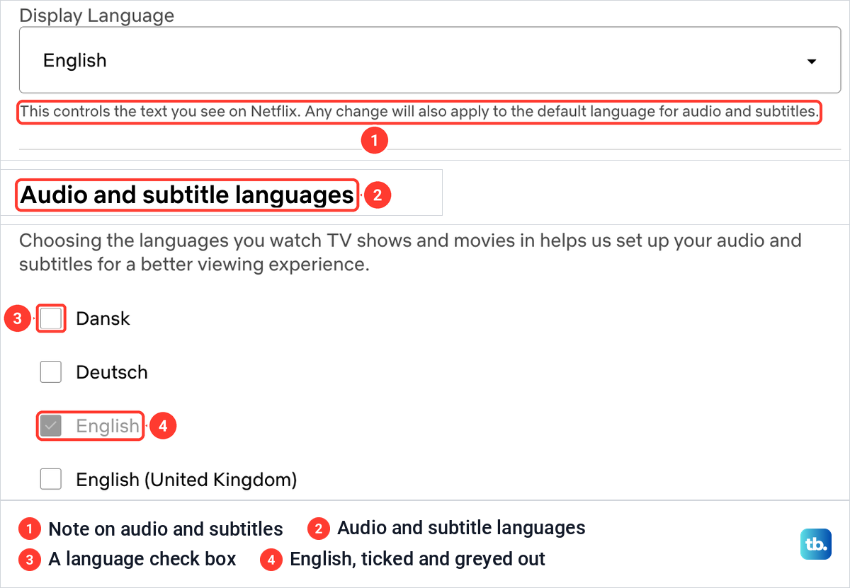 Netflix language page with the Display Language note and the Audio and subtitle languages check boxes.