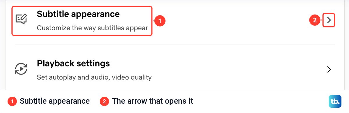 Netflix profile settings page with the Subtitle appearance row above Playback settings.