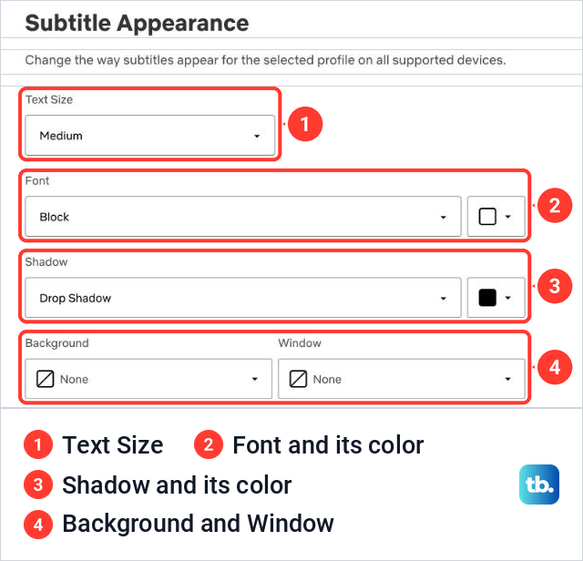 Netflix Subtitle Appearance page with Text Size, Font, Shadow, Background and Window menus.