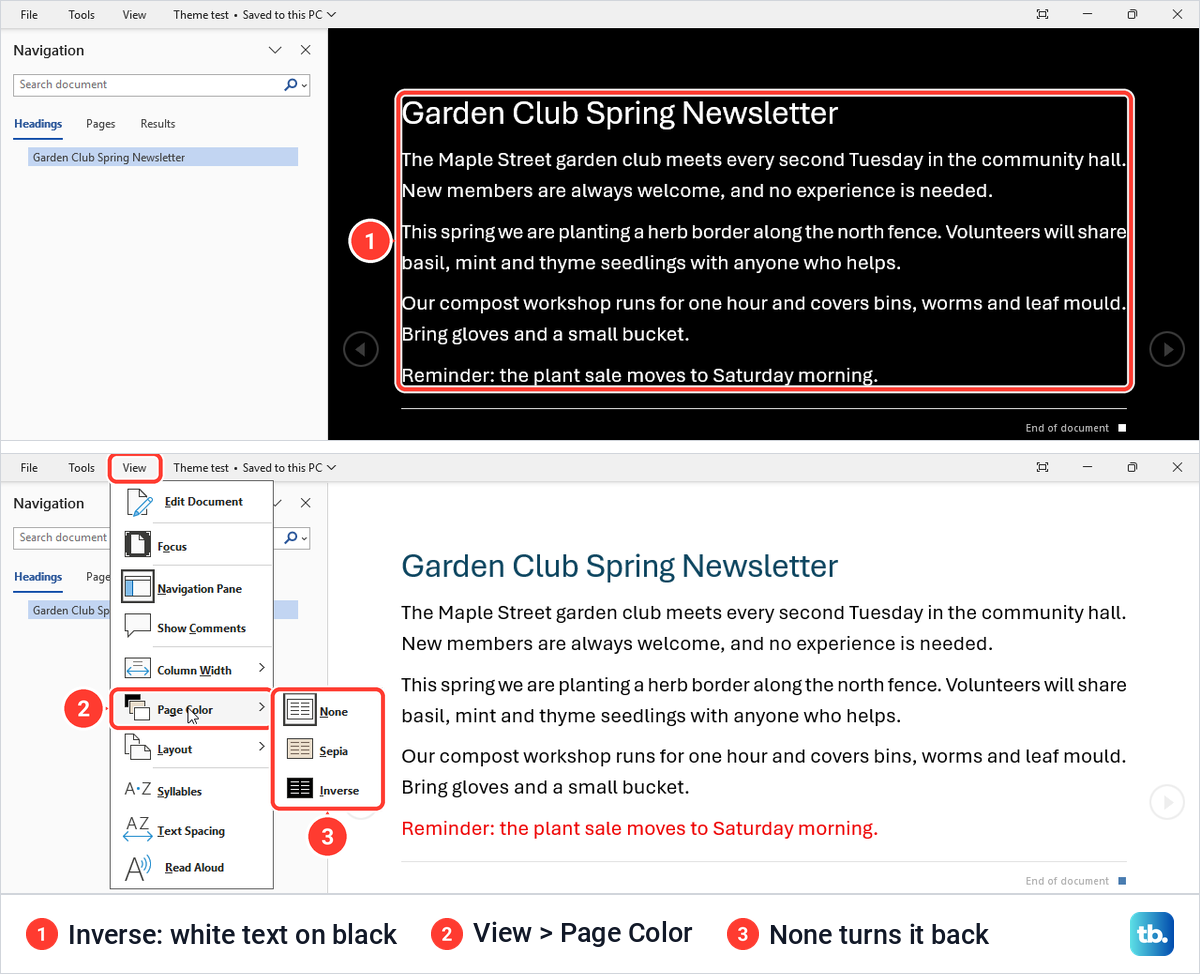 Word Read Mode showing white text on a black page, and its View menu with Page Color set to None, Sepia or Inverse.