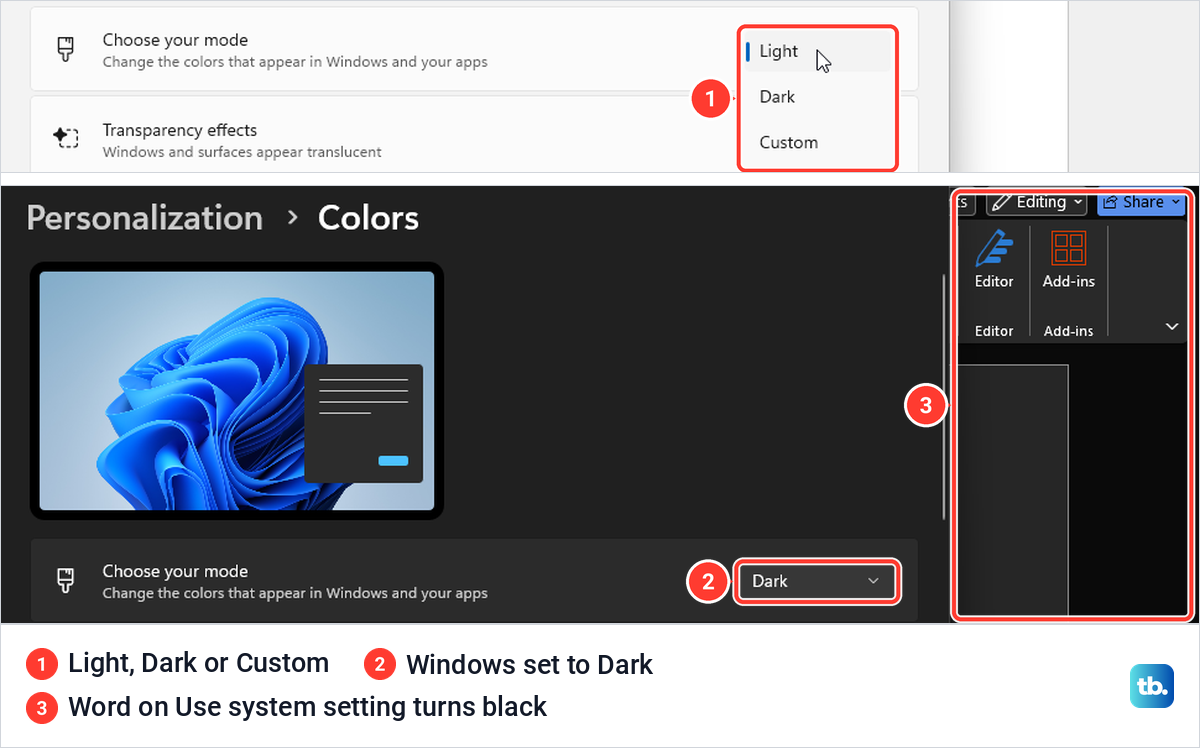 Windows Settings Colors page with Choose your mode open, then set to Dark with the edge of Word turned black.