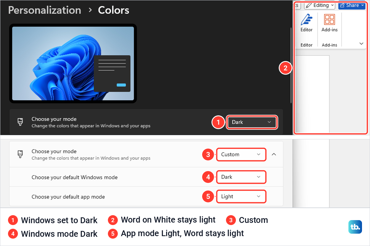 Windows set to Dark with Word still light, and Custom mode with the Windows mode Dark and the app mode Light.