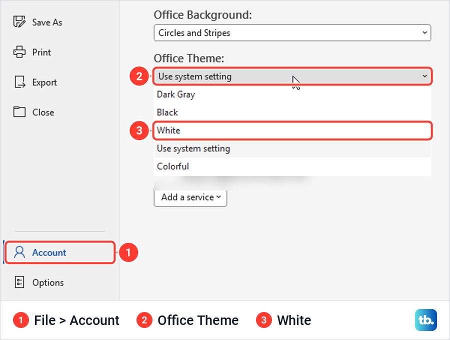 Word's File, Account page with the Office Theme list open showing Dark Gray, Black, White, Use system setting and Colorful.