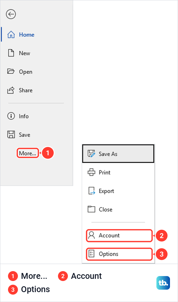 Word's File pane in a short window with the More entry open, listing Account and Options at the bottom.