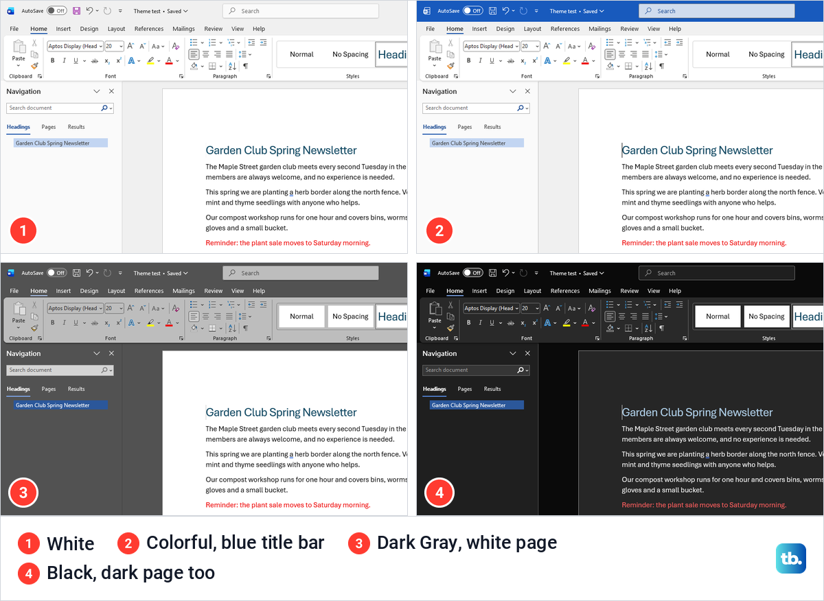 The same Word document in the White, Colorful, Dark Gray and Black Office themes, side by side.
