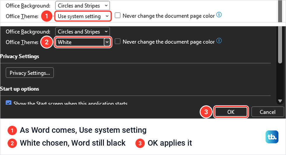 Word Options General page with Office Theme on Use system setting, then White chosen in a dark dialog before OK.