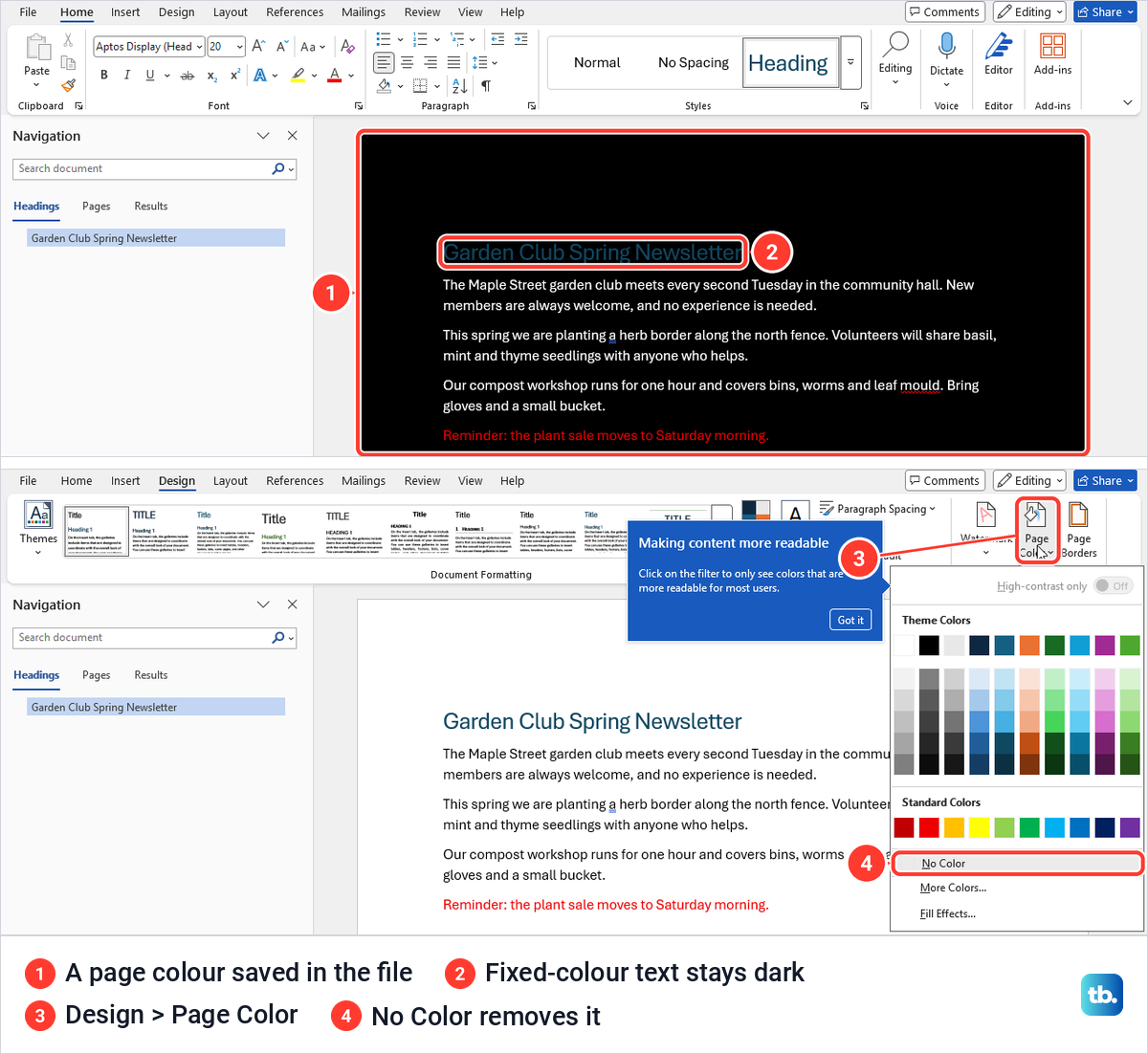 A Word document with a black page colour under a white ribbon, then the Design tab Page Color menu with No Color.