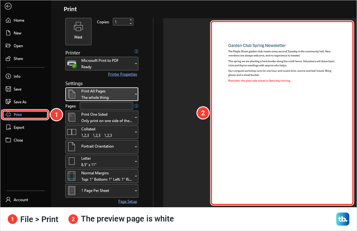 Word's File, Print screen in the Black theme with a white page in the print preview.