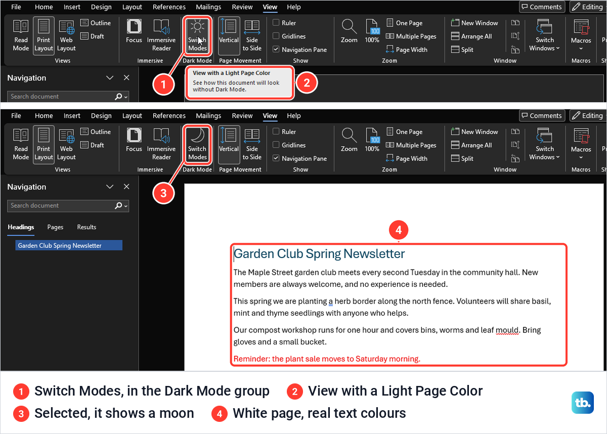 Word's View tab in the Black theme with the Switch Modes button and its tooltip, then the page turned white.