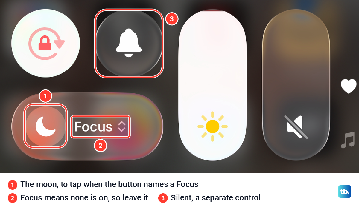 iPhone Control Center with the Focus button reading Focus beside a white moon, and the Silent bell above it.