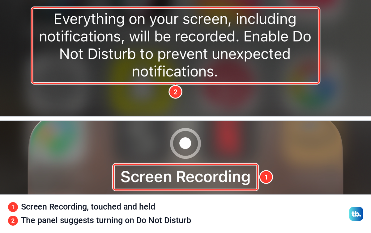 The Screen Recording panel on iPhone advising Enable Do Not Disturb to prevent unexpected notifications.