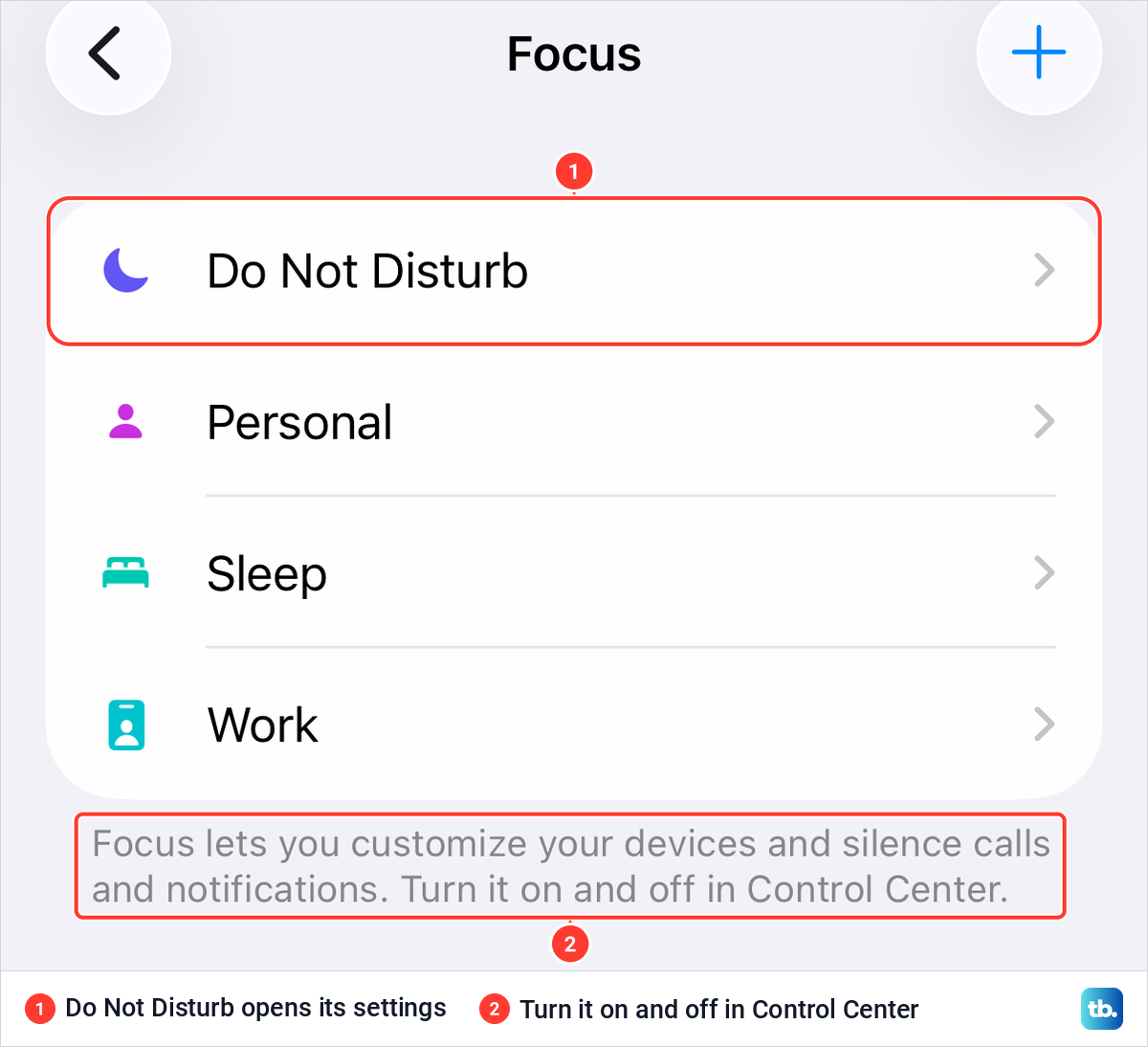 iPhone Settings Focus page listing Do Not Disturb, Personal, Sleep and Work with a note about Control Center.