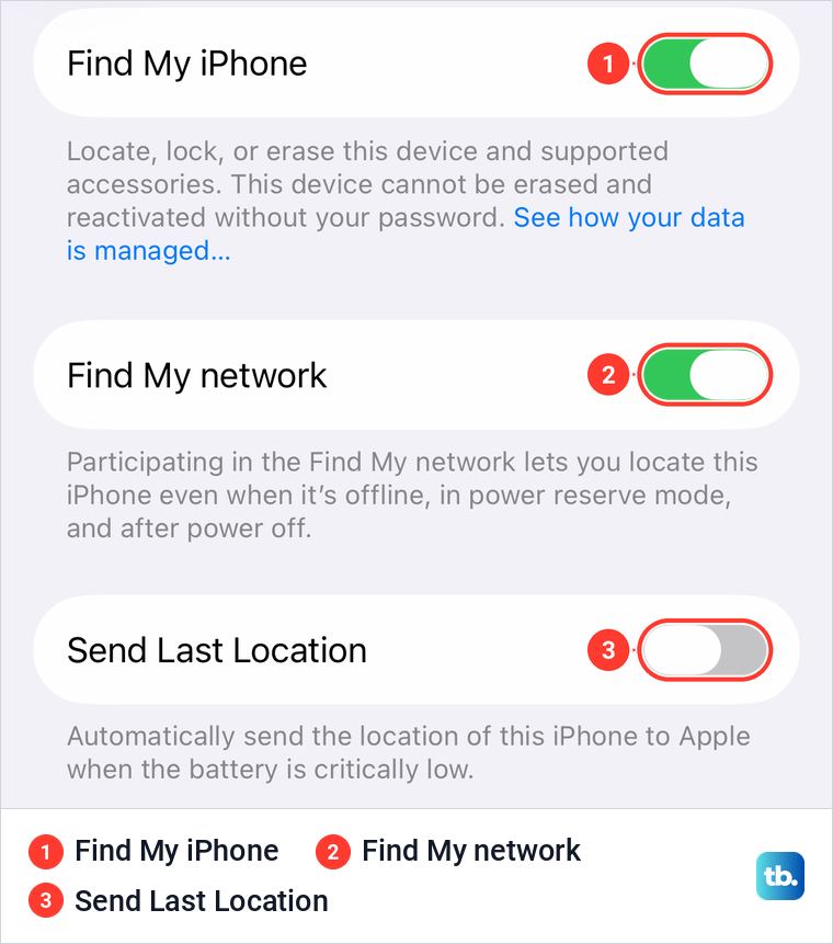 The Find My iPhone page in iPhone Settings with the Find My iPhone, Find My network and Send Last Location switches.