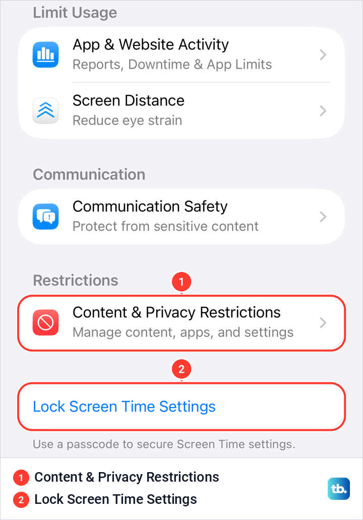 iPhone Screen Time settings showing Content and Privacy Restrictions and Lock Screen Time Settings.