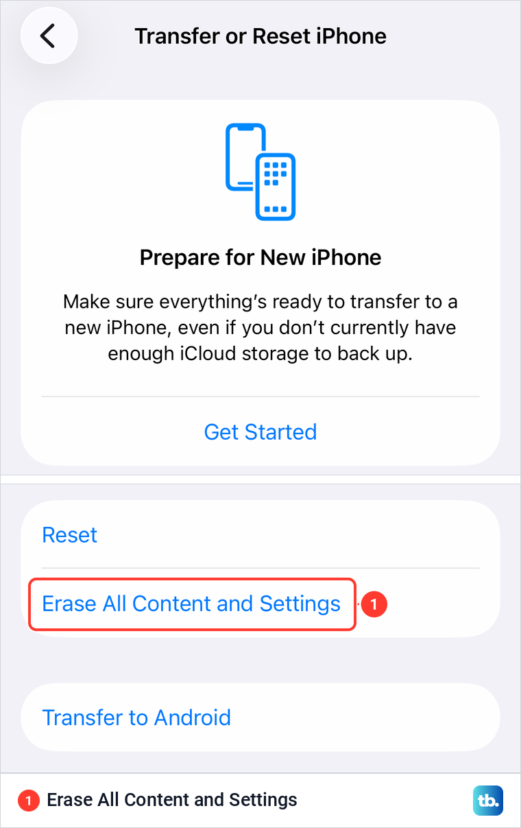 The Transfer or Reset iPhone screen with Erase All Content and Settings below Prepare for New iPhone.