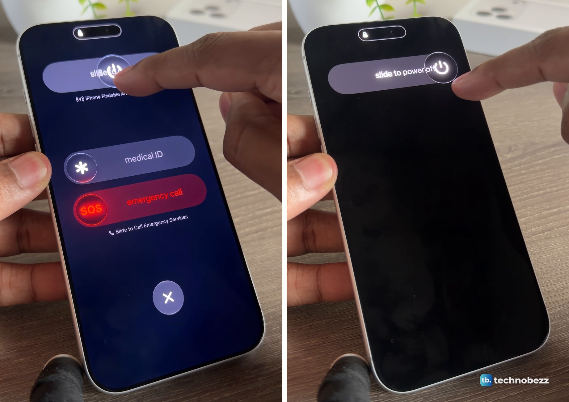 Two views of the iPhone 18 Pro Max slider screen, on the left a finger dragging the power off slider halfway with the other sliders dimmed, on the right the slider at the far right on an otherwise black screen