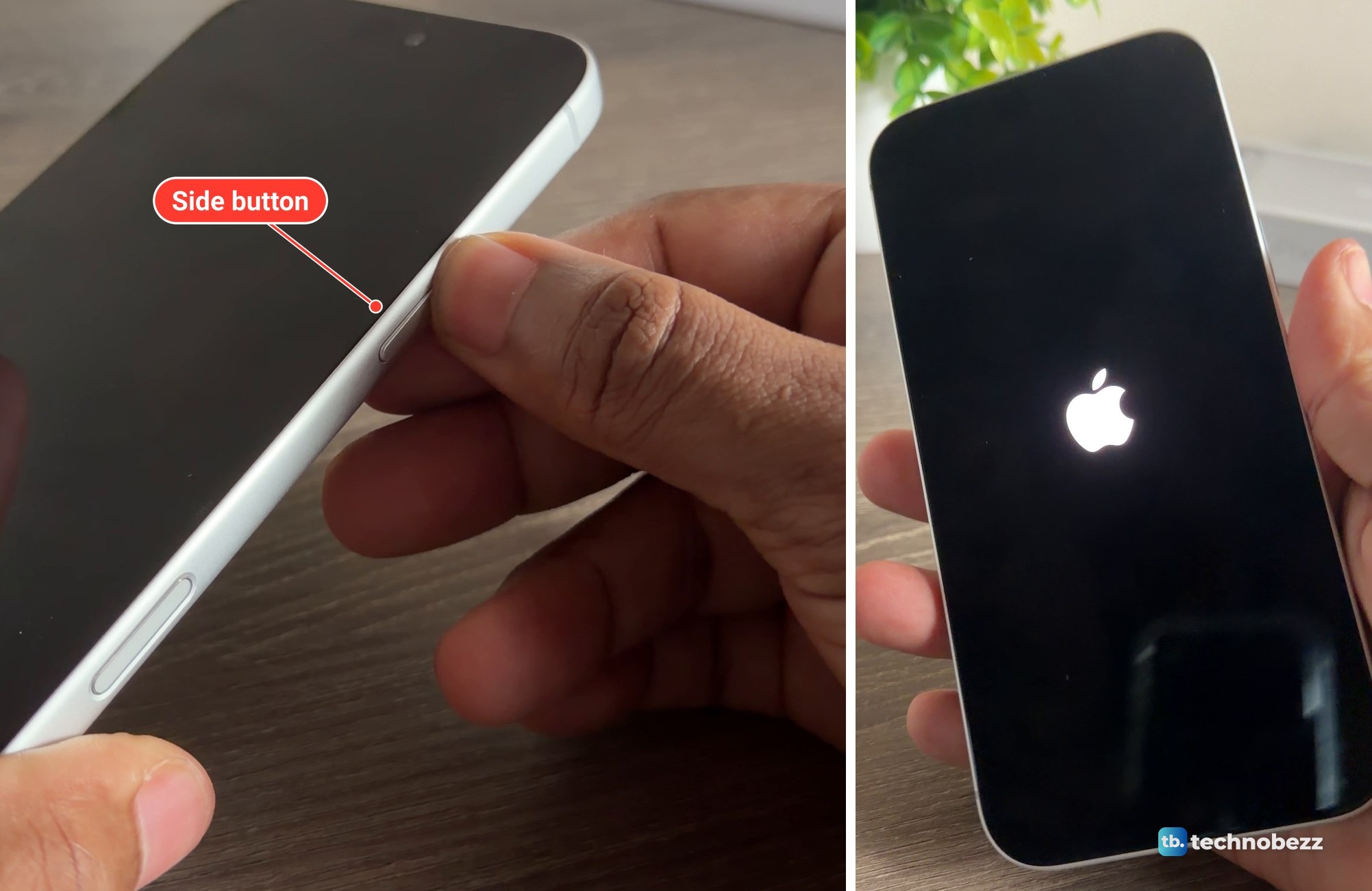 On the left, a thumb on the side button of a silver iPhone 18 Pro Max with a black screen, on the right the same phone showing a white Apple logo on a black screen