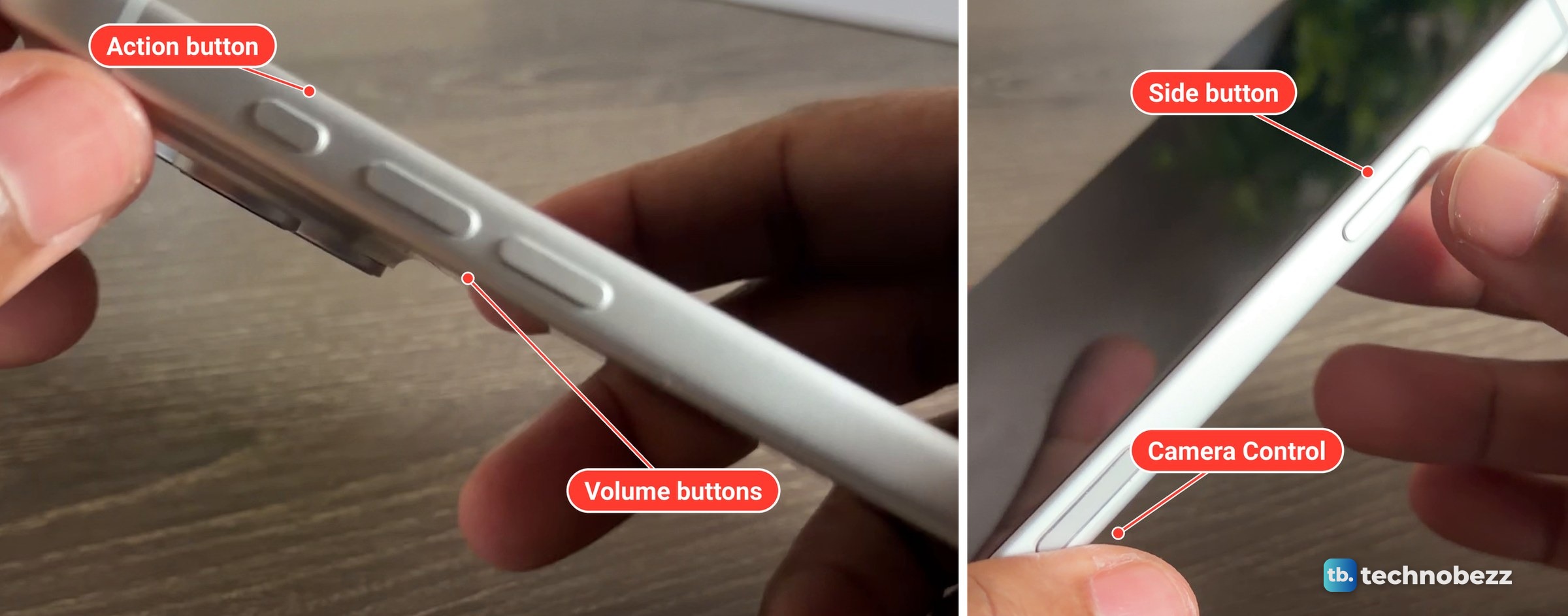 Two close-ups of a silver iPhone 18 Pro Max, the left edge with a small Action button and two volume buttons, and the right edge with the side button and the Camera Control further down