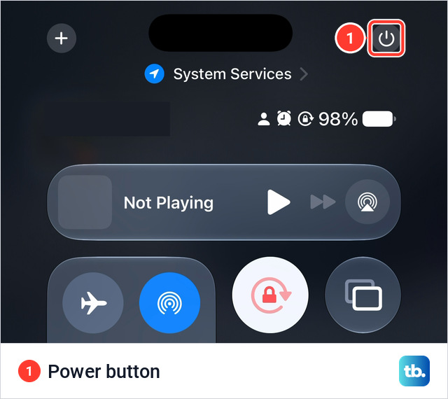 The top of Control Center on an iPhone 18 Pro Max with the round power button marked in the top-right corner, beside the Dynamic Island