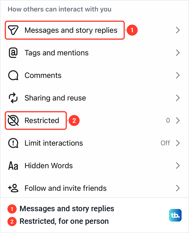 Instagram Settings and activity on iPhone with Messages and story replies and Restricted under How others can interact with you.