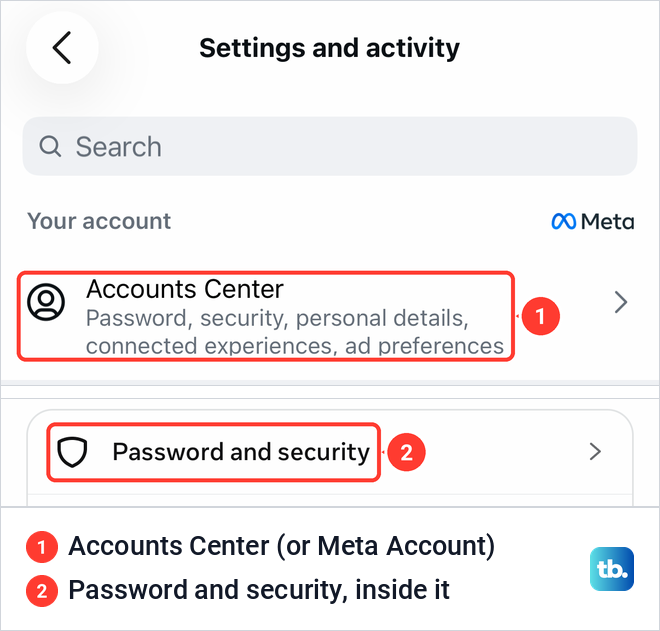 Instagram Settings and activity on iPhone with the Accounts Center row, and the Password and security row inside it.
